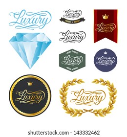 Customized luxury typography & calligraphy. Elegant labels, badges, diamond, fancy laurel wreath around lettering. Good for luxurious hotels, deluxe cars, leisure vacations, beaches, & products. Eps10