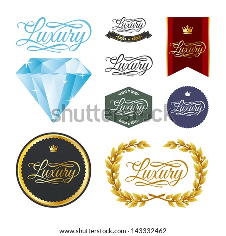Customized luxury typography & calligraphy. Elegant labels, badges, diamond, fancy laurel wreath around lettering. Good for luxurious hotels, deluxe cars, leisure vacations, beaches, & products. Eps10