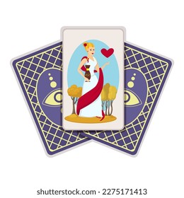 Customized Tarot cards vector illustration. Drawing of woman with vase and red heart. Card design idea with blue back. Tarot cards, mysticism, fortune telling, prediction concept