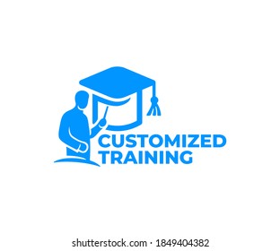 Customized Training, Teacher At The Blackboard And Doktorhut Or Bachelor Cap, Logo Design. Education, Teach And Learn, Vector Design And Illustration