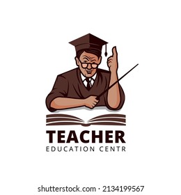 Customized training, teacher at the blackboard and doktorhut or bachelor cap, logo design. Education, teach and learn, vector design and illustration