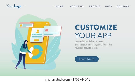 Customizing App Development with woman and smartphone graphic. Modern flat design illustration of App development. Can be used for website and mobile website or Landing page. Easy to edit and customize. Vector illustration