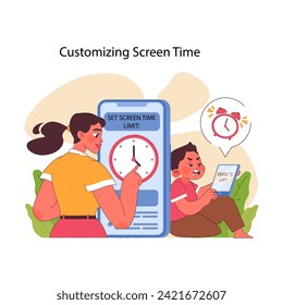 Personalización del concepto de tiempo de pantalla. La madre establece límites digitales saludables y restricciones con temporizador a medida que el niño molesto aprende a administrar el uso de la pantalla telefónica. Disciplina para los niños. Ilustración vectorial plana