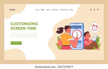 Customizing screen time concept. Mother sets healthy digital boundaries and restrictions with timer as annoyed child learns to manage phone screen usage. Discipline for kids. Flat vector illustration