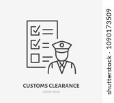 Customs clearance flat line icon. Policeman inspecting luggage sign. Thin linear logo for cargo trucking, freight services.