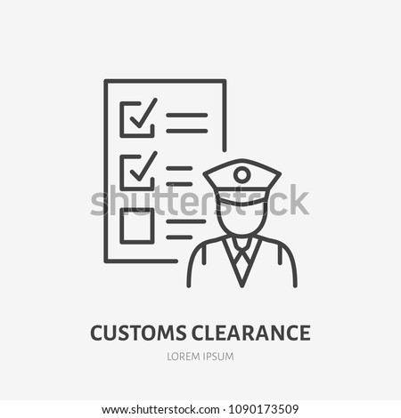 Customs clearance flat line icon. Policeman inspecting luggage sign. Thin linear logo for cargo trucking, freight services.