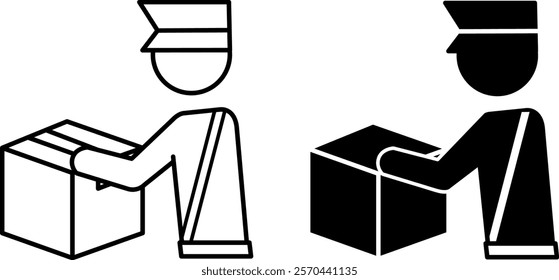 Customs Clearance Icons. Black and White Vector Illustrations. Customs Officer Checking Cargo. Delivery Service. Logistics Concept