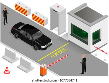 Customs clearance zone with security. Metal detector and barrier in the entrance area. Security guard and car inspection. Vector graphics.