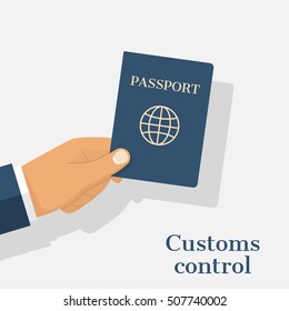 Customs control concept. Businessman giving passport for checking. Hand holding international document isolated on white background.