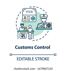 Customs control concept icon. Passengers passport check and boarding idea thin line illustration. Airport terminal check in. Vector isolated outline RGB color drawing. Editable stroke