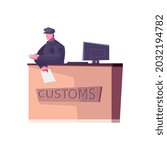 Customs control desk with character of security guard flat vector illustration