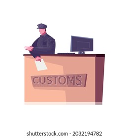 Customs control desk with character of security guard flat vector illustration