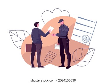 Customs control flat composition with traveling person showing papers to border guard vector illustration