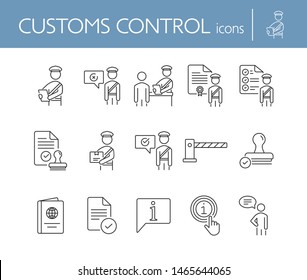 Customs control icons. Set of line icons. Faqs, passport, customs check, customs inspection. Immigration concept. Vector illustration can be used for topics like security, travel, airport