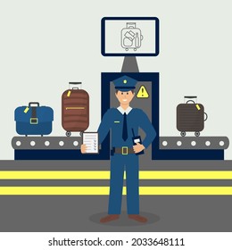 Customs control officer checking luggage x-rays. Luggage airport carousel. Baggage suitcases scanning, luggage conveyor belt with bags and suitcases. Luggage examination concept. 