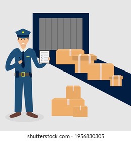 Customs control officer inspecting luggage.  Luggage passes x-ray check at airport. Airport transport security scan tape portal. Officer computer monitoring baggage. Flat vector illustration.