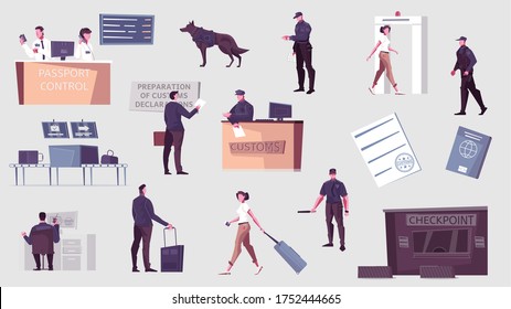 Customs control set with flat icons and isolated human characters of border guards officers and passengers vector illustration