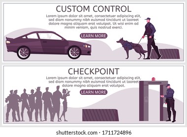 Customs control set of horizontal banners with text learn more button and people at border checkpoint vector illustration