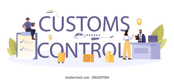 Customs control typographic header. Passport control officer working with metal detector at the airport. International trade and destribution checkpoint and registration. Flat vector illustration