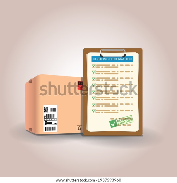 customs
declaration concept. isolated checked customs declaration invoice
in front of shipping box. vector
illustration