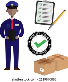 Customs declaration illustration, officer checking parcel with shipping box vector