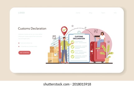 Customs declaration web banner or landing page. Passport control at the airport. Security checkpoint and registration in the airport. Metal detector control for safety. Flat vector illustration