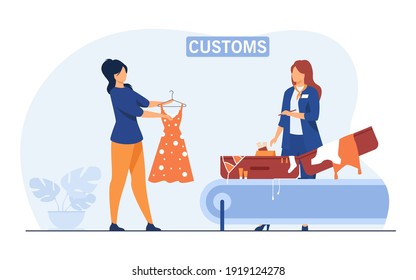 Customs employee checking luggage of tourist. Woman showing suitcase and clothes to inspector. Flat vector illustration. Baggage inspection concept for banner, website design or landing web page