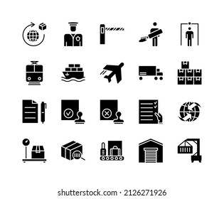 Customs flat line icons set. Contains such Icons as customs officer, declaration, passport control, approve stamp and more. Simple flat vector illustration for web site or mobile app.