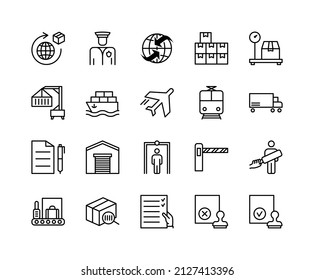 Customs flat line icons set. Contains such Icons as customs officer, declaration, passport control, approve stamp and more. Simple flat vector illustration for web site or mobile app.