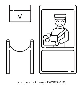 Customs icon vector in outline style. Officer checks the passport, stamps it, and gives touristic visa. Green zone of customs control