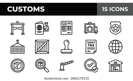 Customs Icons Set: Border Control, Passport, Luggage, Shipping, and Security