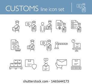 Customs icons. Set of line icons. Customs officer, passport check, custom border. Airport concept. Vector illustration can be used for topics like delivery, immigration, shipping