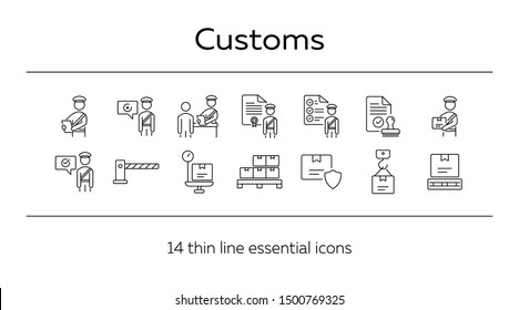 Customs icons. Set of line icons. Customs officer, passport check, custom border. Airport concept. Vector illustration can be used for topics like delivery, immigration, shipping