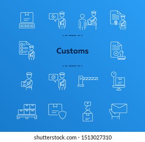 Customs icons. Set of line icons. Customs officer, passport check, custom border. Airport concept. Vector illustration can be used for topics like delivery, immigration, shipping