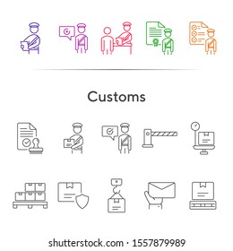 Customs icons. Set of line icons. Customs officer, passport check, custom border. Airport concept. Vector illustration can be used for topics like delivery, immigration, shipping