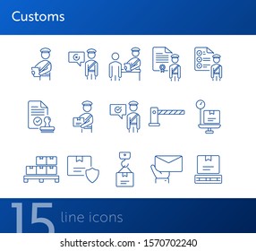 Customs icons. Set of line icons. Customs officer, passport check, custom border. Airport concept. Vector illustration can be used for topics like delivery, immigration, shipping