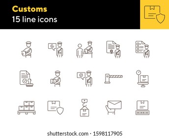 Customs icons. Set of line icons. Customs officer, passport check, custom border. Airport concept. Vector illustration can be used for topics like delivery, immigration, shipping