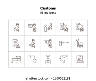 Customs icons. Set of line icons. Customs officer, passport check, custom border. Airport concept. Vector illustration can be used for topics like delivery, immigration, shipping