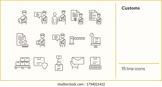 Customs icons. Set of line icons. Customs officer, passport check, custom border. Airport concept. Vector illustration can be used for topics like delivery, immigration, shipping