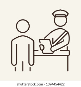 Customs inspection line icon. Officer, counter, passenger. Customs concept. Vector illustration can be used for topics like travel, airport, security, check of documents