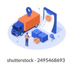 Customs inspector at check cargo clearance or import declaration tax form. Worldwide shipment and delivery service concept. Isometric vector illustration.