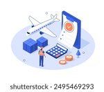 Customs inspector at check cargo clearance tax form and calculate import fees. Worldwide shipment and delivery service concept. Isometric vector illustration.