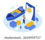 Customs inspector check cargo clearance or import declaration tax form. Worldwide shipment, logistic, delivery service, export control concept. Isometric vector illustration.