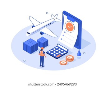 Customs inspector at check cargo clearance tax form and calculate import fees. Worldwide shipment and delivery service concept. Isometric vector illustration.