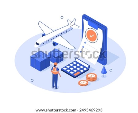 Customs inspector at check cargo clearance tax form and calculate import fees. Worldwide shipment and delivery service concept. Isometric vector illustration.