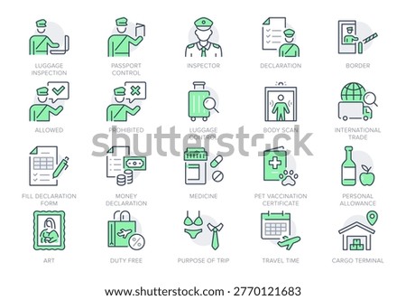 Customs line icon set. Vector illustration include icon - inspector, luggage, permission, allowance, declaration, import outline pictogram for border inspection. Green Color, Editable Stroke.