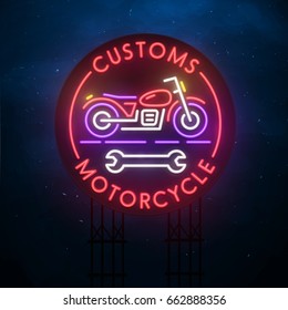 Customs motorcycle sign. City sign neon. Logo, emblem, neon sign, bright signboard, light banner. 