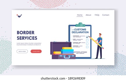 Customs Officer Character Filling Huge Declaration Landing Page Template. Tiny Airport Security Check Passenger Baggage Confiscate Illegal Freight, Forbidden Things. Cartoon People Vector Illustration