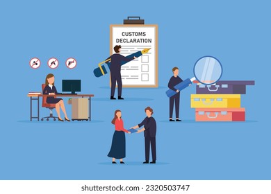 Caracteres de los funcionarios de aduanas que rellenan la declaración de aduanas y revisan el concepto de ilustración vectorial 2d de pasajeros para banner, sitio web, ilustración, página de aterrizaje, volante, etc.