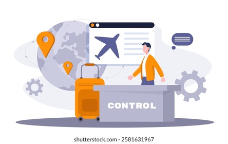 Customs officer concept. Man with luggage and baggage near planet. National Security and Screening of Travelers and Tourists. Fight against terrorists. Flat vector illustration